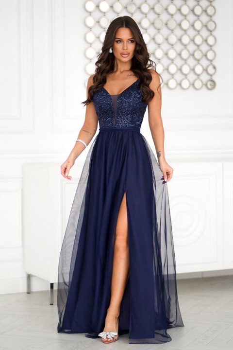 300-01 Długa Tiulowa Sukienka Na Ramiączkach - Granatowy