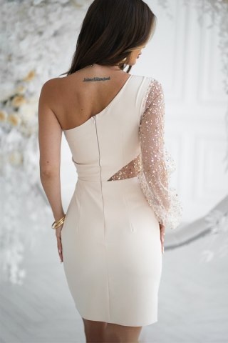 311-22 Krótka Sukienka Cekinowa Na Jedno Ramię - beżowy