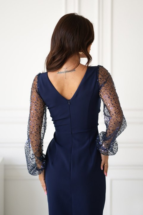 314-01 Sukienka Z Dwoma Cekinowymi Rękawami - Granatowy