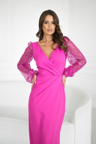 314-07 Sukienka Z Dwoma Cekinowymi Rękawami - fuksja