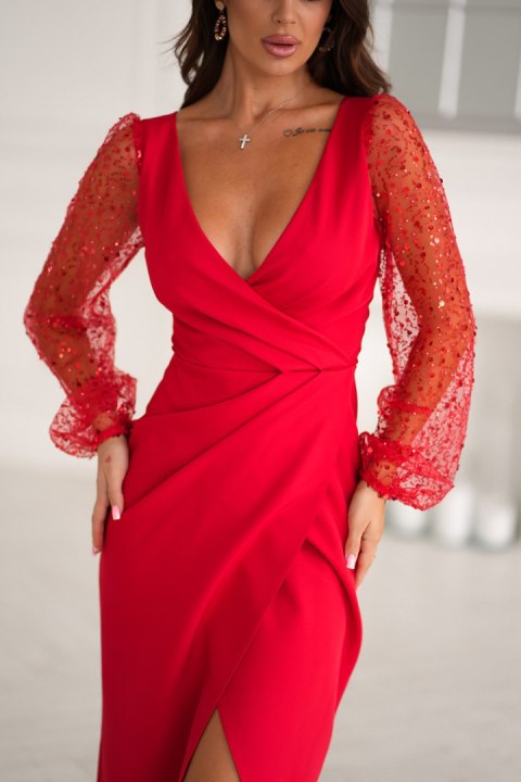 316-02 Krótka Sukienka Z Dwoma Cekinowymi Rękawami - czerwony