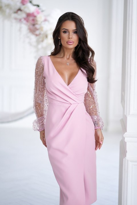 316-20 Krótka Sukienka Z Dwoma Cekinowymi Rękawami - brudny róż