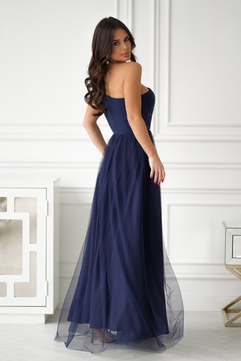 323-01 Sukienka Wieczorowa Z Cekinami I Rozcięciem - Granatowy