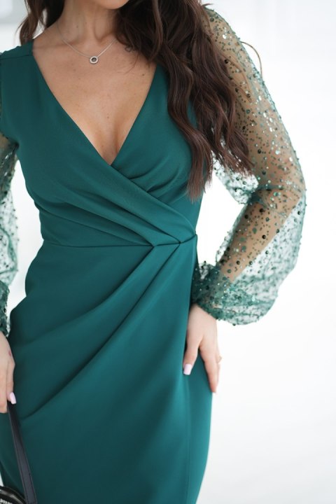 324-13 Sukienka Z Dwoma Cekinowymi Rękawami - butelkowy