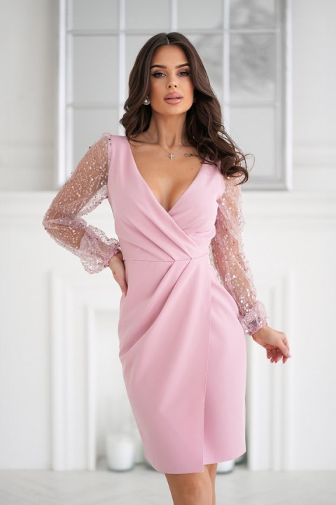 324-20 Sukienka Z Dwoma Cekinowymi Rękawami - brudny róż
