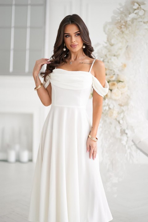 325-04 Sukienka Midi Z Opadającymi Ramiączkami - Ecru