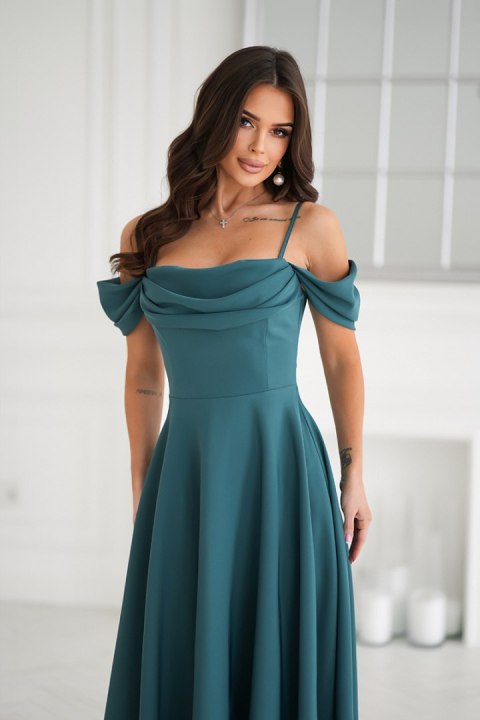 325-13 Sukienka Midi Z Opadającymi Ramiączkami - butelkowy