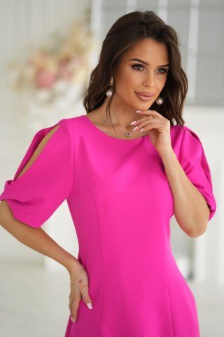 326-07 Elegancka Sukienka A-Line Z Podszewką I Ozdobnymi Rękawami - fuksja