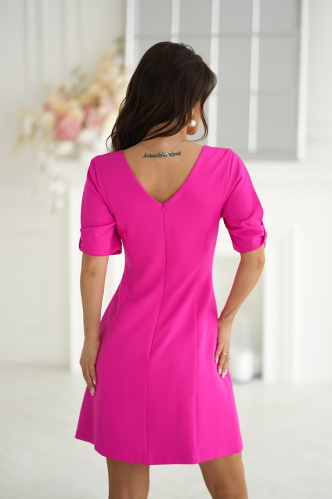 326-07 Elegancka Sukienka A-Line Z Podszewką I Ozdobnymi Rękawami - fuksja