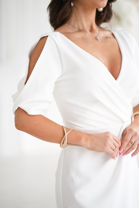 327-04 Elegancka Sukienka Ołówkowa Z Dekoltem - Ecru