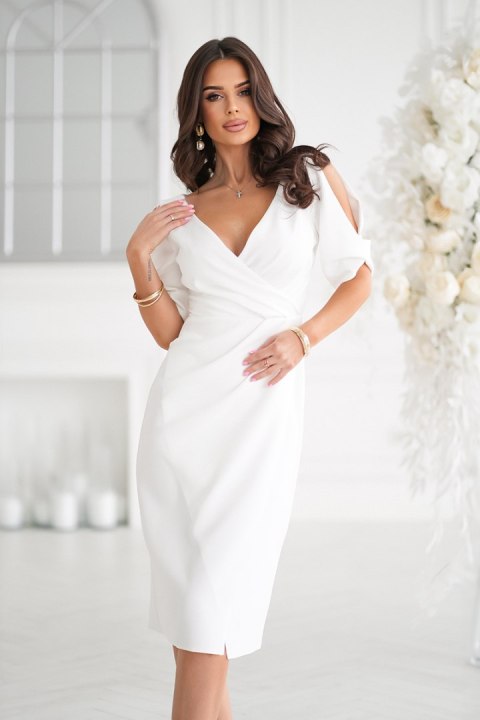 327-04 Elegancka Sukienka Ołówkowa Z Dekoltem - Ecru