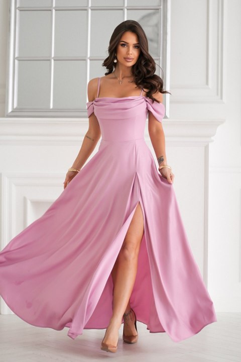 330-20 Elegancka Sukienka Z Drapowaniem, Rozcięciem I Błyszczącą Tkaniną - brudny róż