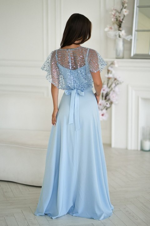 333-08 Elegancka Sukienka Na Ramiączkach Z Cekinowym Bolerkiem - Baby blue