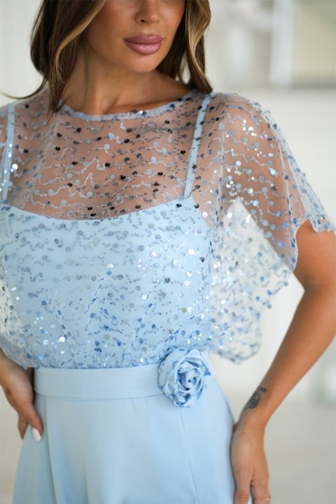 333-08 Elegancka Sukienka Na Ramiączkach Z Cekinowym Bolerkiem - Baby blue