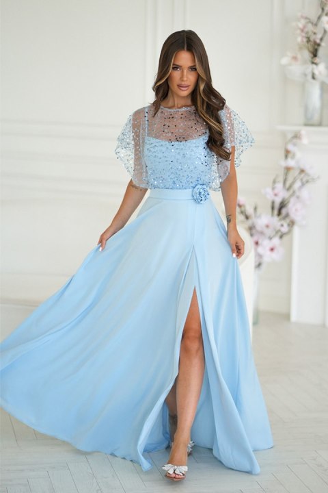 333-08 Elegancka Sukienka Na Ramiączkach Z Cekinowym Bolerkiem - Baby blue